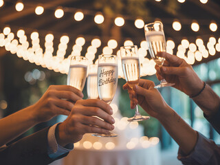 Champagne Toast at Celebration Party with String Lights and Silhouetted Hands