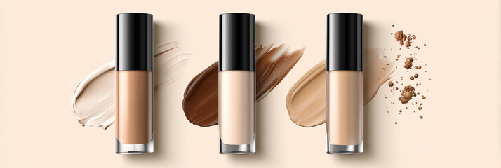 Three makeup products are shown side by side, with a white background. The products are all different shades of foundation, with one being a lighter shade and the other two being darker shades