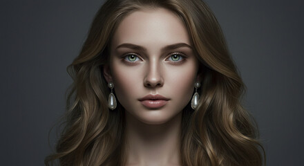 Fototapeta premium Elegant Woman Portrait Beauty, Grace, and Pearl Earrings