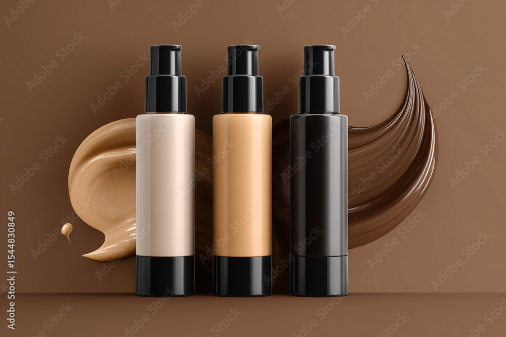 Poster three bottles of foundation are displayed on a brown background. the bottles are of different colors