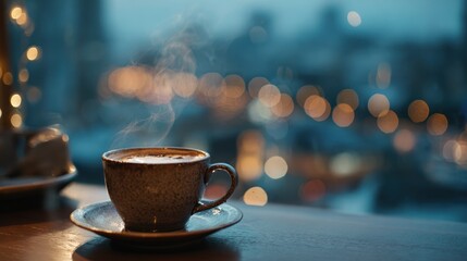 Steaming Cup of Cappuccino Gently Rising in Front of a Blurred Urban Cityscape Evening Background, Capturing Warmth and Comfort, Concept of Coffee Shops, Cafés, Relaxation Businesses