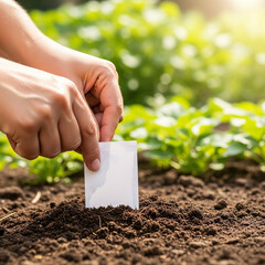 Hands Holding White Seed Packet Freshly Tilled Dark Soil Vibrant Green Plants Blurred Background Warm Sunlight Sustainable Gardening Agricultural Growth Organic