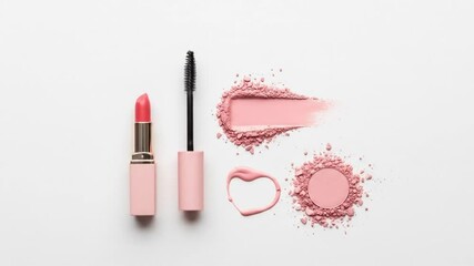 Close up view of pink makeup cosmetics including lipstick mascara and blush scattered on white background