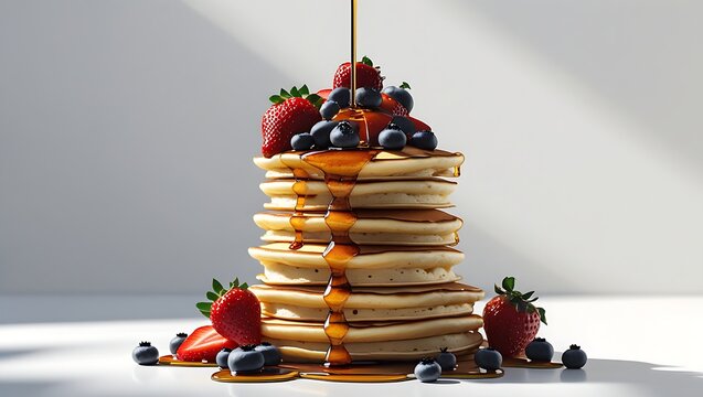 A stack of pancakes topped with strawberries and blueberries with syrup being poured on it