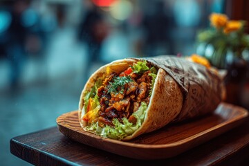 Delicious Grilled Chicken Wrap Served on Wooden Plate in Urban Cafe Setting, Highlighting Street Food Culture for Culinary Artists, Food Bloggers, and Gourmet Enthusiasts