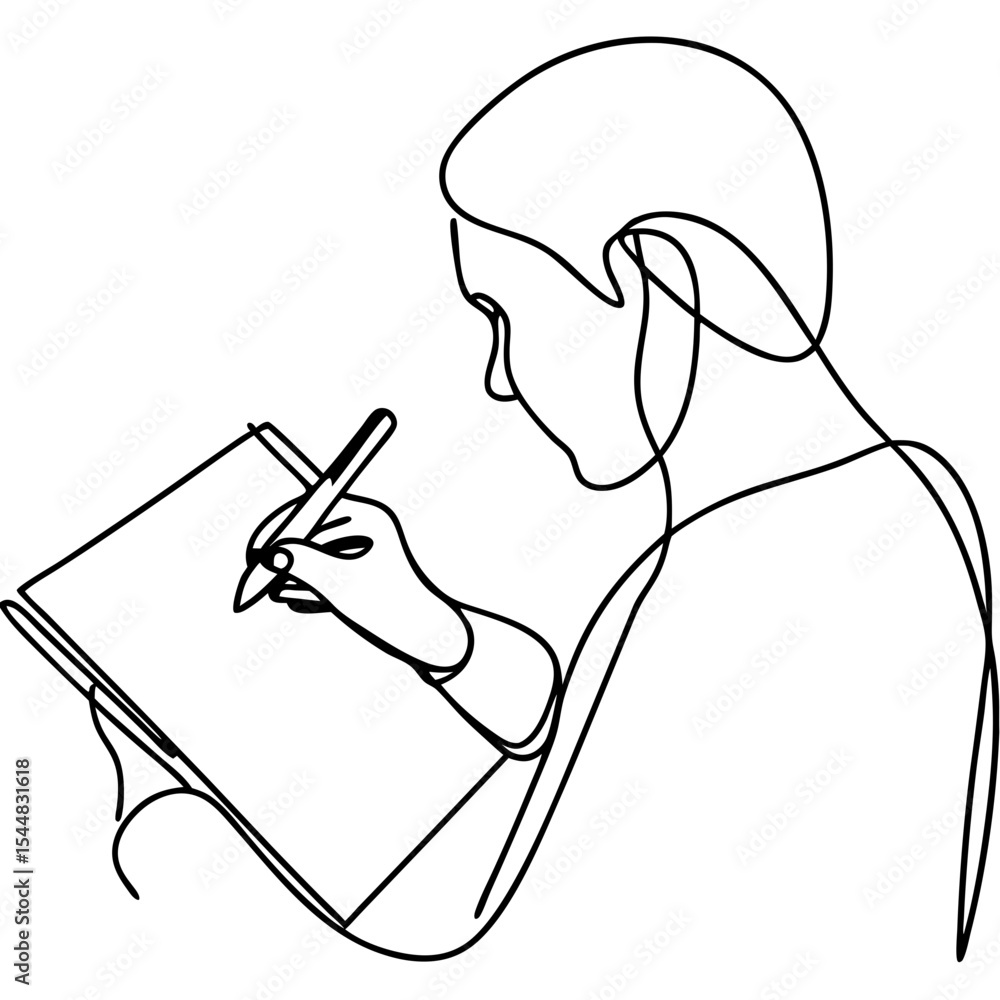 Poster person drawing in notebook using pen. line art depicts person sketching notes. simple line drawing o
