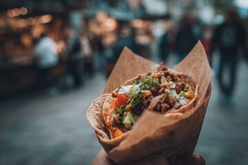 Close-Up of a Street Taco in a Compostable Wrapper at an Outdoor Food Market with Blurred Urban Background, Concept of Culinary Arts and Food Photography