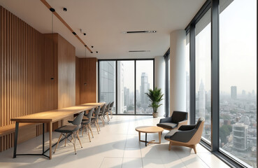 Modern office interior design. Open space with wooden wall, tables, waiting area. City view from big window, chairs and plants. Minimalist style for business meeting, consulting.