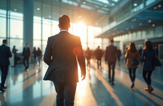 Business people walk in modern trade fair hall at sunset. Unrecognizable men, women in suits, blurred motion. Modern business architecture, high technology, urban city life.