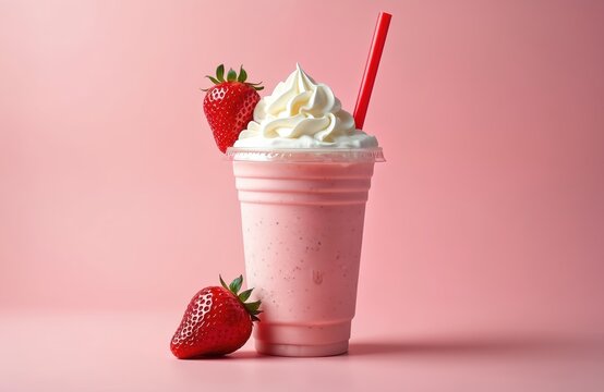 Strawberry milkshake in a plastic takeaway cup with a red straw, isolated on pink background. Creamy dessert topped with whipped cream and fresh berries. Refreshing drink from fast food menu.
