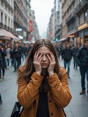 Fototapeta premium Panic attack in public place. Woman having panic disorder in city. Psychology, solitude, fear or mental health problems concept. Depressed sad person surrounded by people walking in busy street.