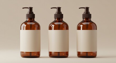 Amber glass bottle mockup with pump dispenser for liquid soap shampoo or lotion product branding design