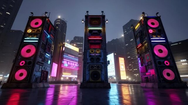 A city street filled with lots of neon lights and speakers