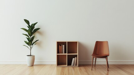 beige living room wall. the wall is empty. Mid century modern chair and a small bookcase