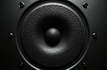 Close-up of speaker texture featuring intricate mesh pattern. Black metal surface, carbon fiber appearance. Tech design for audio, music sound. Industrial style. Wallpaper background.
