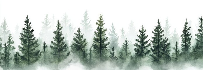 A seamless watercolor pattern of a mountain landscape is depicted in a travel illustration that features Scandinavian nature, including green mountains and a forest