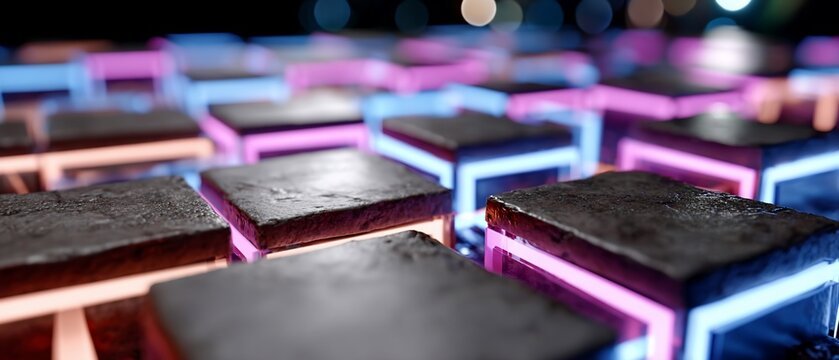 Neonlit cubes with stone tops - Powered by Adobe