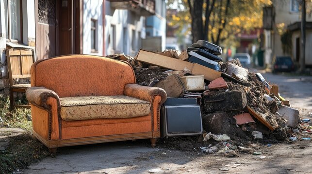 Abandoned orange couch near discarded electronics and debris on a residential street showcasing urban decay and environmental issues.