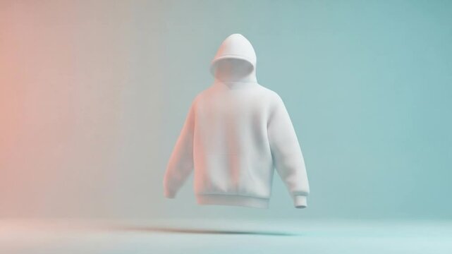 360 degree view of a floating white hoodie showcasing its design from multiple angles in minimalistic studio lighting
