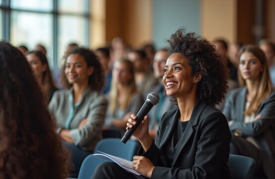 Smiling african american businesswoman at conference. Woman with microphone, gives speech, asks questions. Business seminar, convention center, training event with audience.