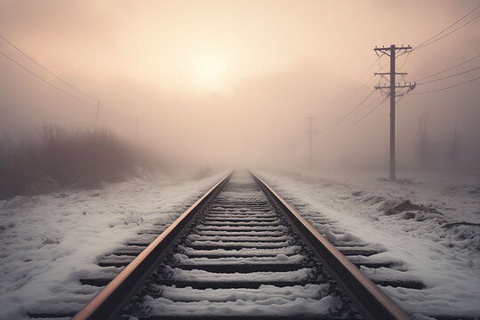 The train tracks disappear into a land of snow and fog.
