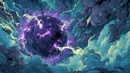 A shadowy orb emits a bright purple glow while surrounded by swirling, stormy clouds. Blue and green hues create an intense backdrop with dynamic lightning flashing across the sky