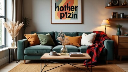 A cozy living room featuring a teal velvet sofa, warm color accents, and a patterned blanket.
