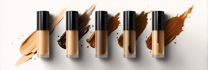 A row of makeup products with different shades of brown. Concept of a makeup collection with a variety of options for different skin tones