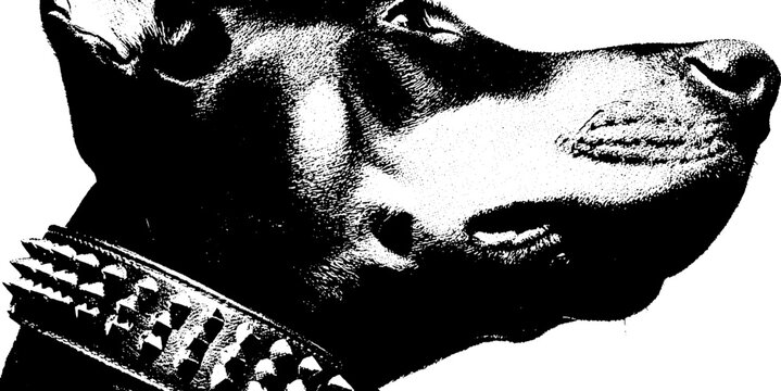 Intense doberman in studded collar captured in high contrast for bold designs