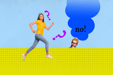 Banner 3d art pop image collage of happy businesswoman businessman answer question no ponder idea brainstorm strategy plan