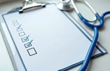 Clipboard with checklist, marked check boxes, stethoscope. Health care, medical concept. Blank paper record, medical exam, health check-up, doctor office, hospital, clinic, patient record.