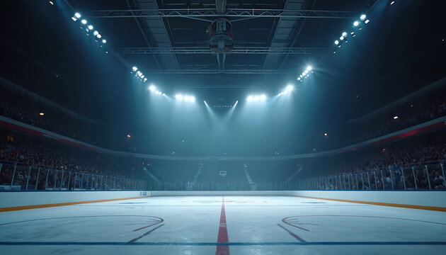 Empty hockey arena illuminated spotlights. Dark background crowd. Night game, competition, pro sport. Rink markings, icy surface. Stadium lights illuminate ice. Winter sport, championship, tournament.