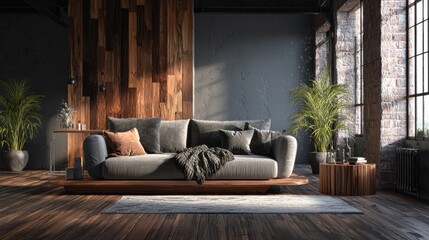 Modern style living room with warm textures, featuring a low-profile comfy sofa