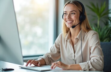 Happy call center woman consulting client. Smiling customer support specialist with headset provides help, support, sales advise. Female telemarketer working in office for customer service, online