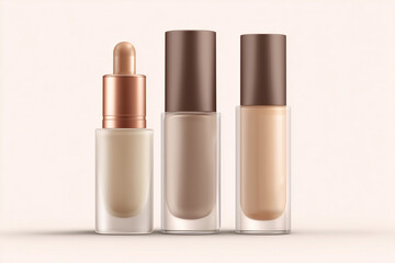 Three bottles of makeup, one of which is a foundation. The other two are concealers. The bottles are all clear and have a similar color