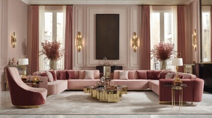 Open space with cozy furniture arrangement, centered around a plush, supportive sofa