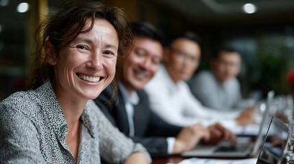 Smiling woman leads collaborative meeting