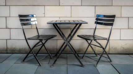 Powder-coated tabletop with sharp lines and two metal chairs, all with matching tones