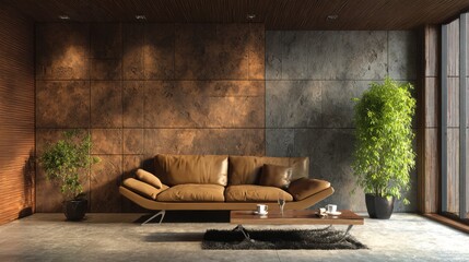 Relaxed seating area with modern sofa, layered textures, and balanced room proportions