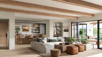 Relaxed seating area with modern sofa, layered textures, and balanced room proportions