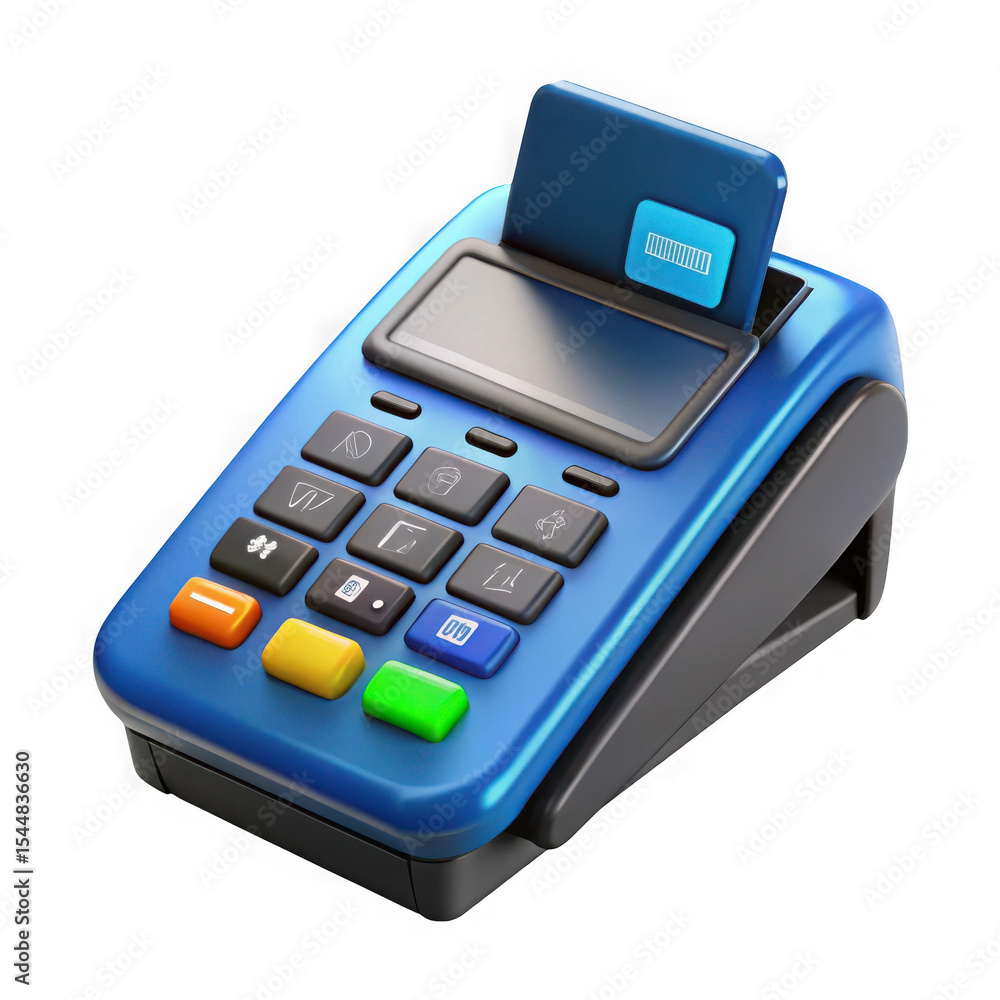 Poster blue payment terminal with card reader isolated on transparent background