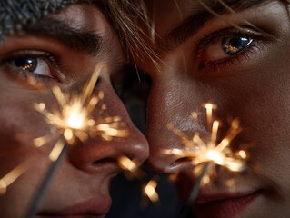 Sparkler glow between faces closeup intimacy