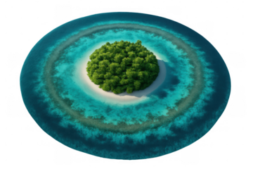 Verdant greenery enveloping sandy islet within circular turquoise lagoon, revealing pristine tropical landscape against transparent backdrop