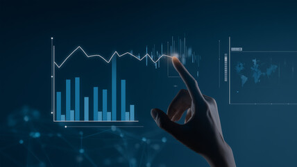 Hand interacting with digital data charts