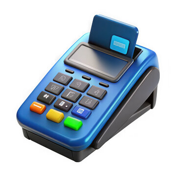 Blue payment terminal with card reader isolated on transparent background