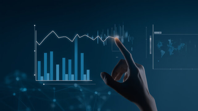 Hand interacting with digital data charts