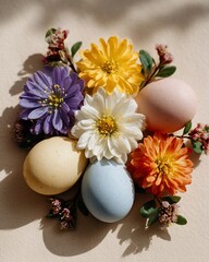 Springtime pastel eggs and blooming mums arrangement