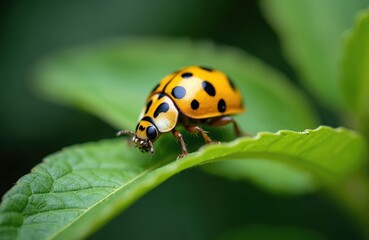 Close-up of ladybug on green leaf. Orange insect with black spots. Macro photo of beetle. Beauty of nature. Green background. Environmental protection.