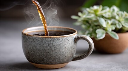 Steaming coffee cascading into speckled mug