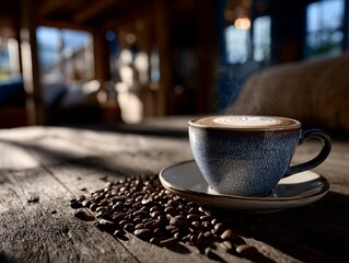 Steaming cappuccino in rustic setting